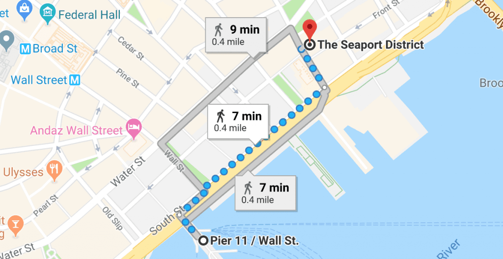Google map image with directions to Deck the Stalls Holiday Market from the NYC Wall St, Pier 11. Click the map for more Directions