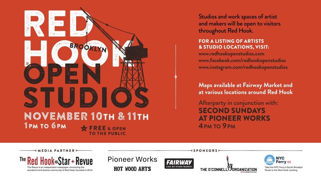 Poster with captions "Red Hook Open Studios 2018" and black construction crane over laps the some of the writing.