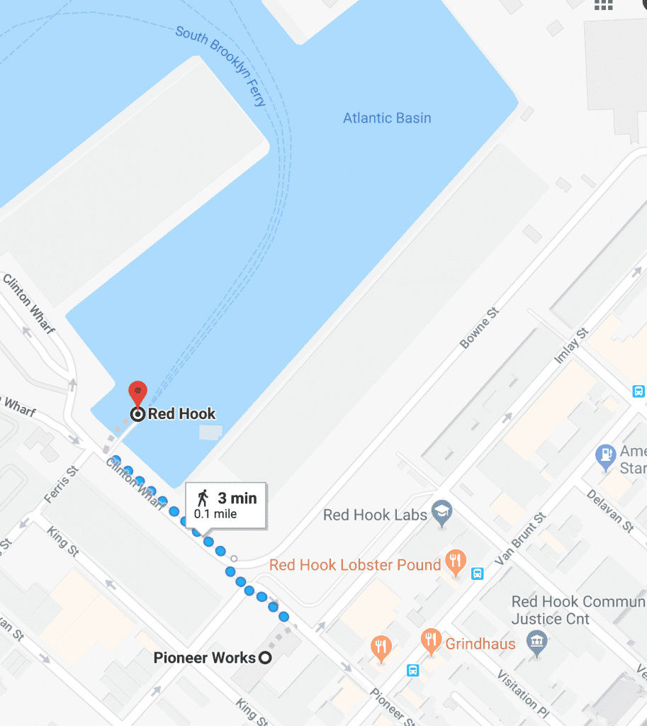 Map with directions from NYC Ferry's Red Hook ferry landing to Pioneer Works Red Hook Open Studios after party. A three minute walk, 0.1 mile walk northwest on Pioneer St toward Conover St